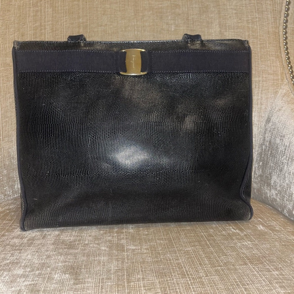 Authntic FERRAGAMO Black Textured Tote Bag with Gold Accent